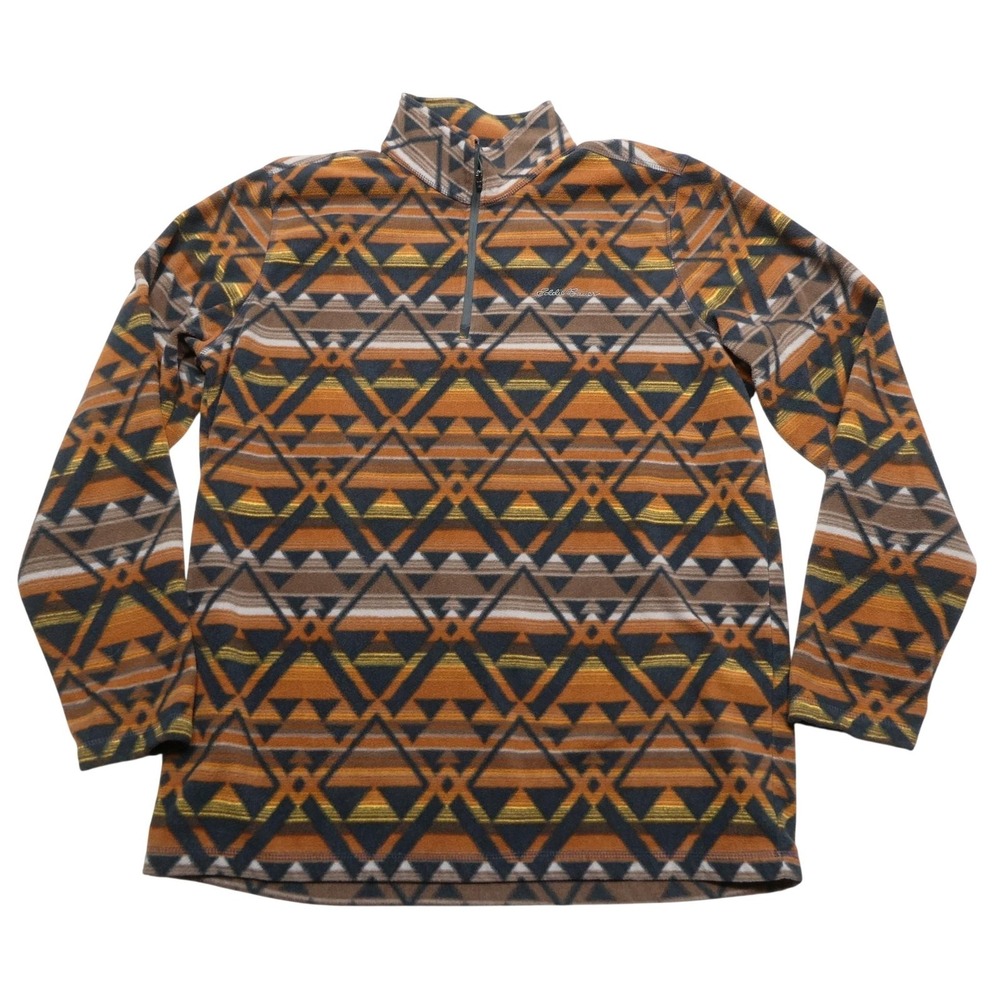 Eddie Bauer Sweatshirt Mens XLT Brown Fleece Quarter Zip Aztec Tribal Print